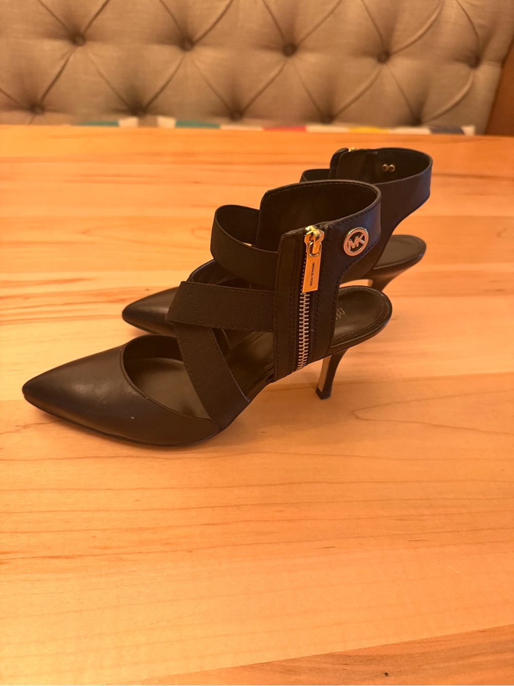 Michael Kors Black Leather Pointed-Toe Ankle-Strap Heels with Gold MK Zipper